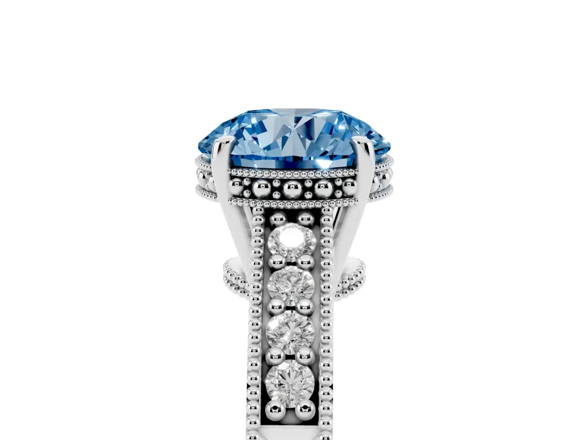 Fancy Blue Round Cut Solitaire Pavé Diamond Milgrain Engagement Ring with Four-Prong Setting Silver