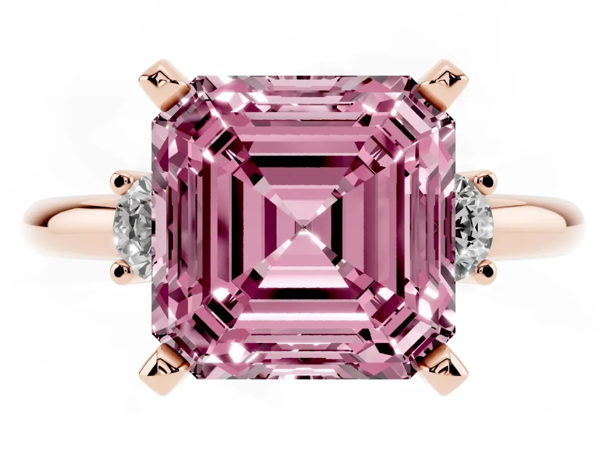 Fancy Pink Three-Stone Asscher Cut Cut Diamond Solitaire with Prong Setting and Classic Band Rose gold
