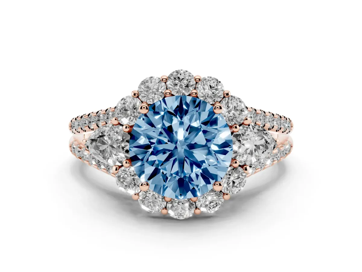 Fancy Blue Round Cut Halo Split Shank Diamond Engagement Ring with Prong Setting Rose gold