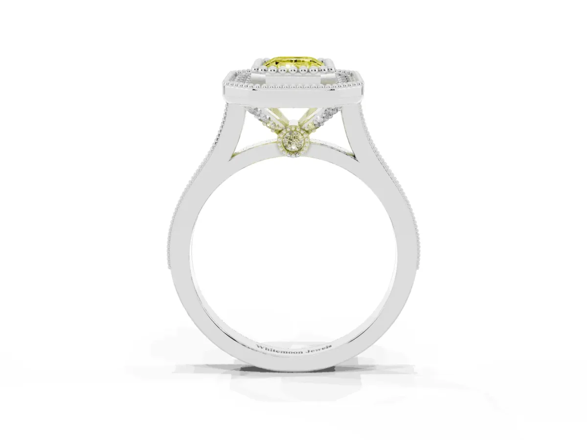 Fancy Yellow Emerald Cut Diamond Halo Ring with Milgrain Frame and Pavé Band Platinum