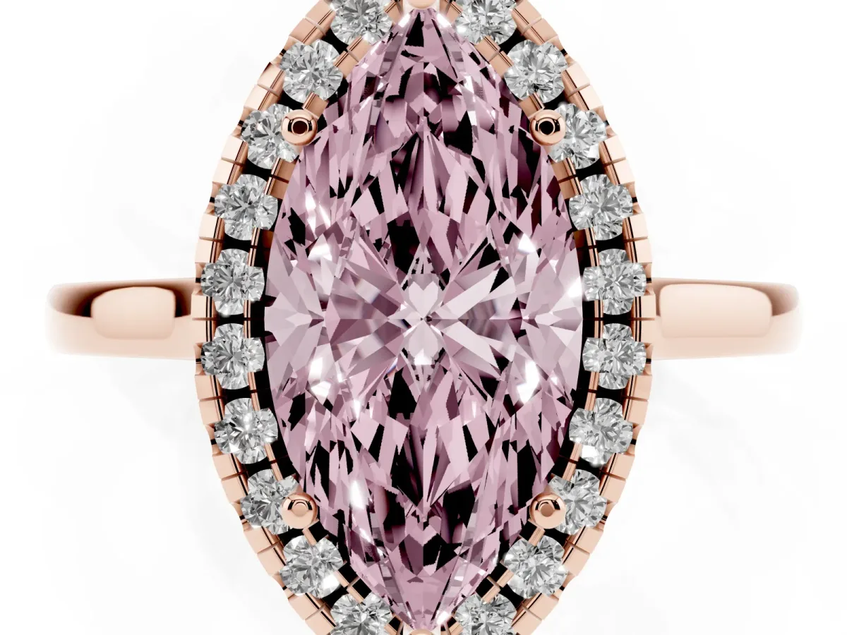 Fancy Pink Marquise Cut Halo Round Diamond Solitaire Ring with Pavé Band and Four-Prong Setting Rose gold