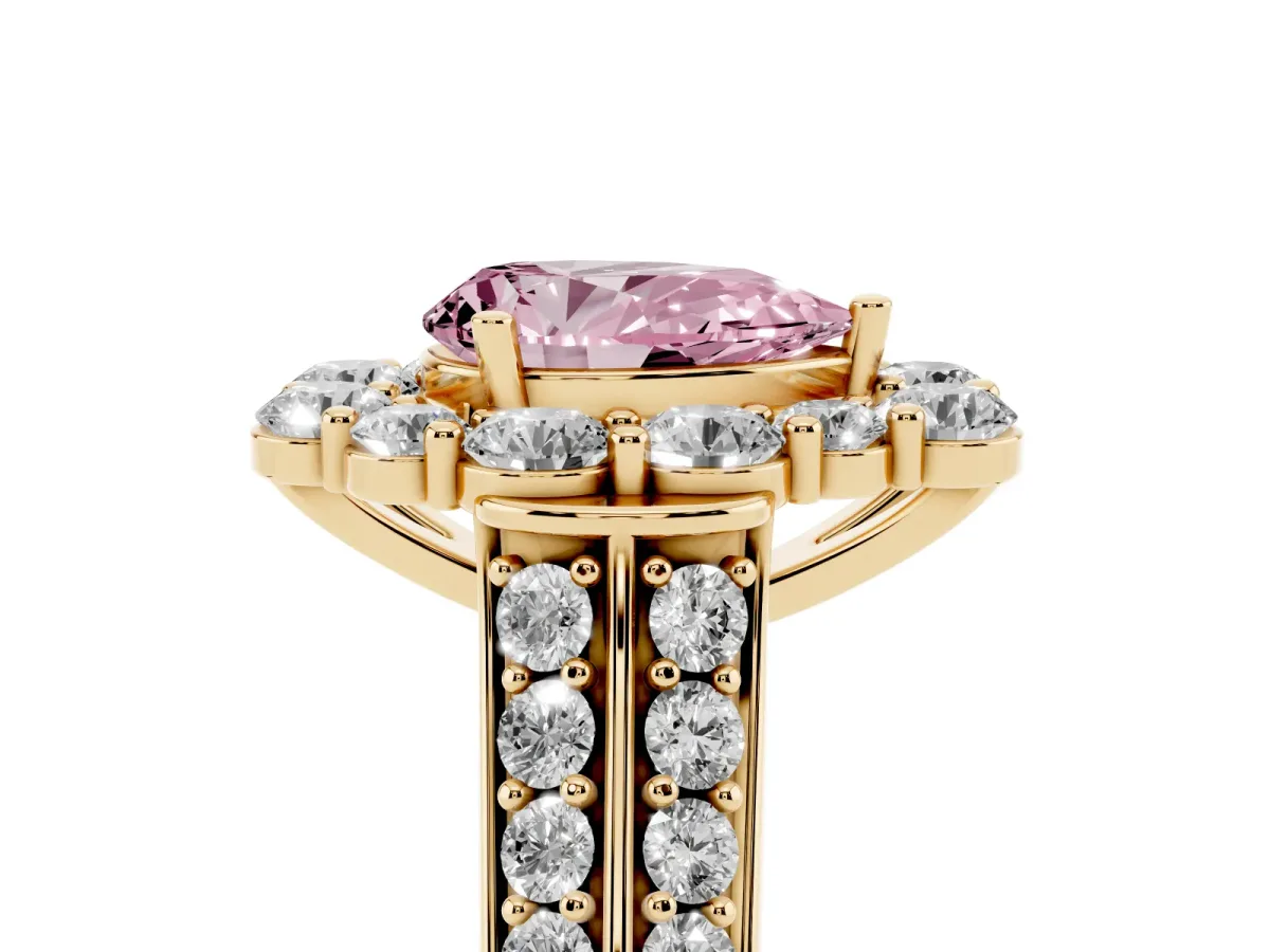 Fancy Pink Pear Cut Halo Diamond Engagement Ring with Split Shank and Prong Setting Yellow gold