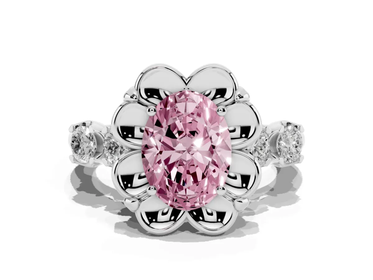 Fancy Pink Oval Cut Cut Diamond Floral Halo Engagement Ring with Shared Prong Setting Silver