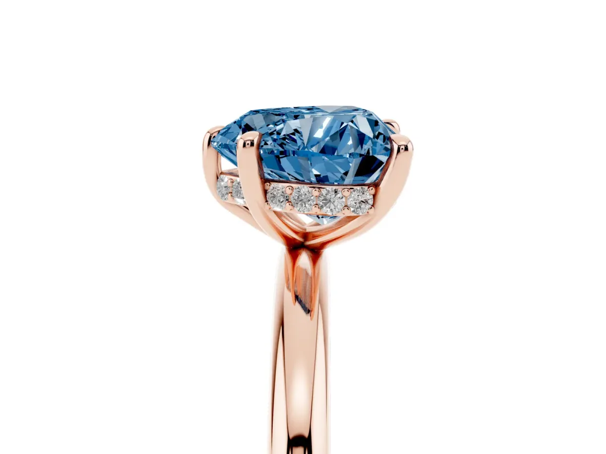 Fancy Blue Heart Cut Diamond Solitaire Ring with Thin Band and Four-Prong Setting Rose gold