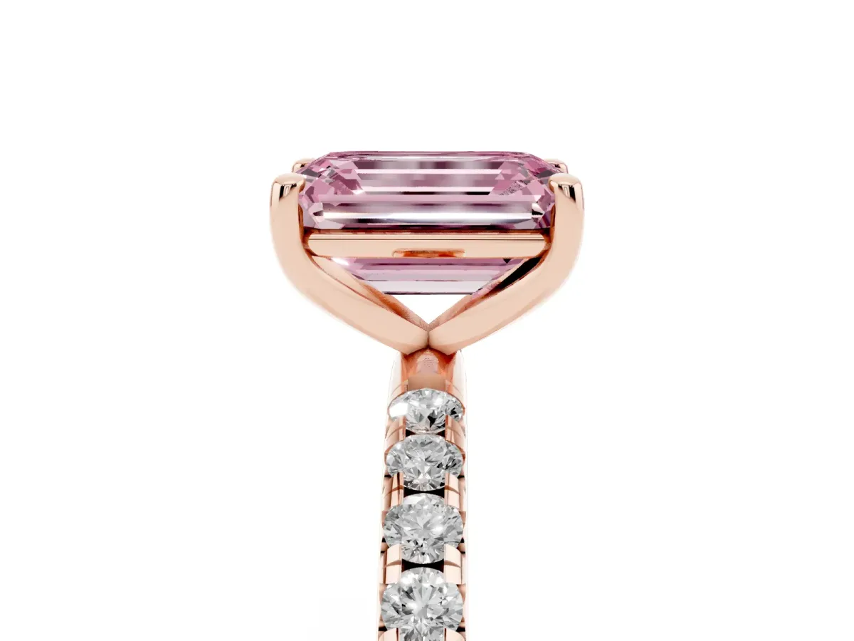 Fancy Pink Emerald Cut Cut Diamond Solitaire Ring with Micro Pave Band and Four Prong Setting Rose gold