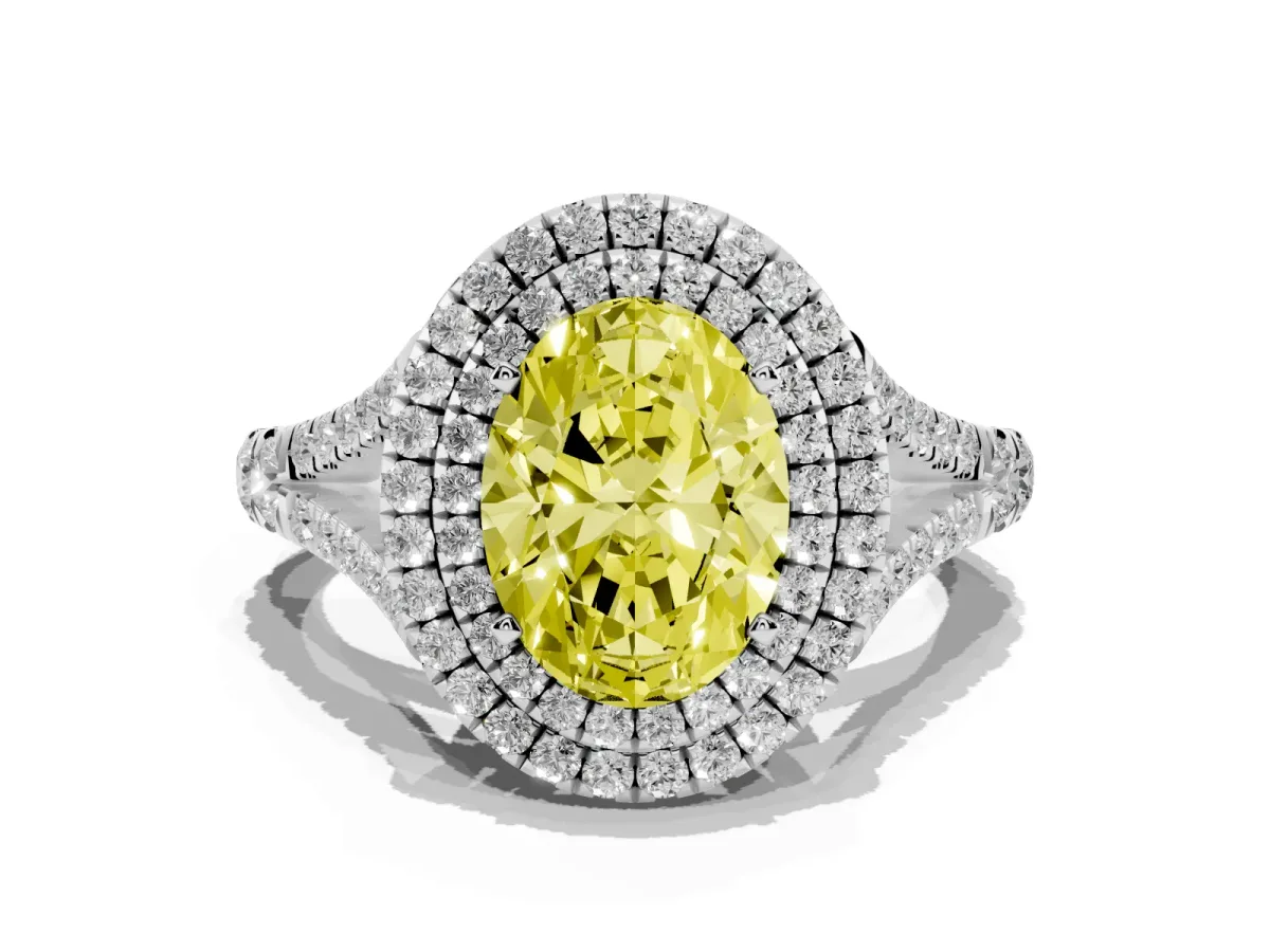 Fancy Yellow Double Halo Oval Cut Diamond Split Shank Engagement Ring with Four-Prong Setting Silver