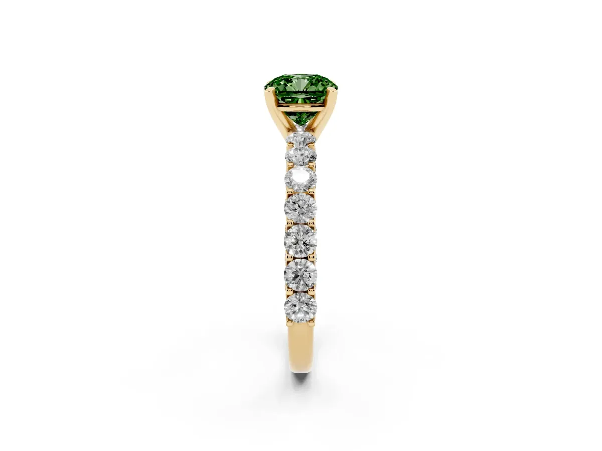 Fancy Green Cushion Cut Diamond Solitaire Ring with Shared Prong Pavé Band and Four-Prong Setting Yellow gold