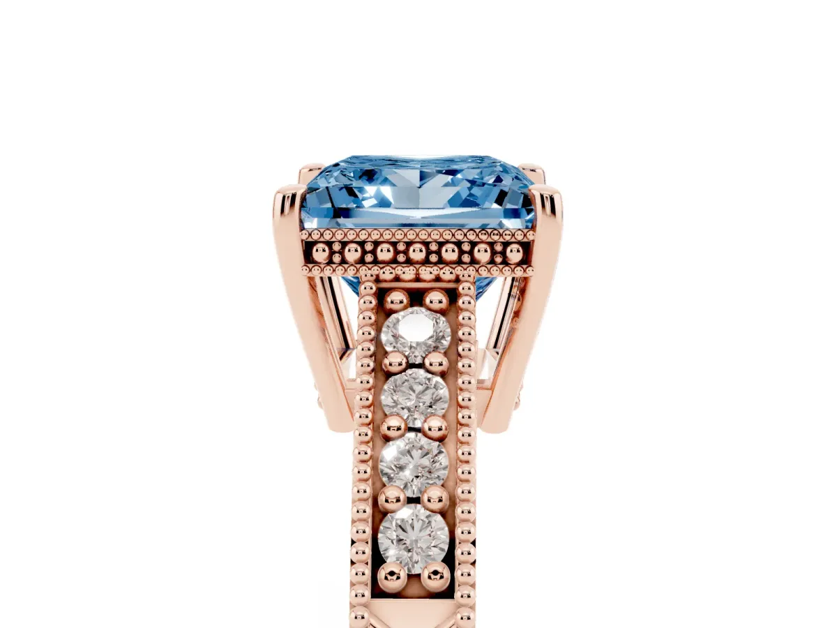 Fancy Blue Princess Cut Solitaire Pavé Diamond Milgrain Engagement Ring with Four-Prong Setting Rose gold