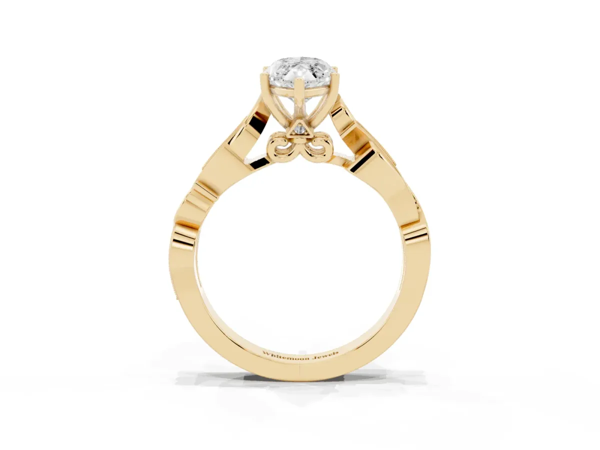 Marquise Cut Solitaire Vine Band with Milgrain Prong Setting Yellow gold