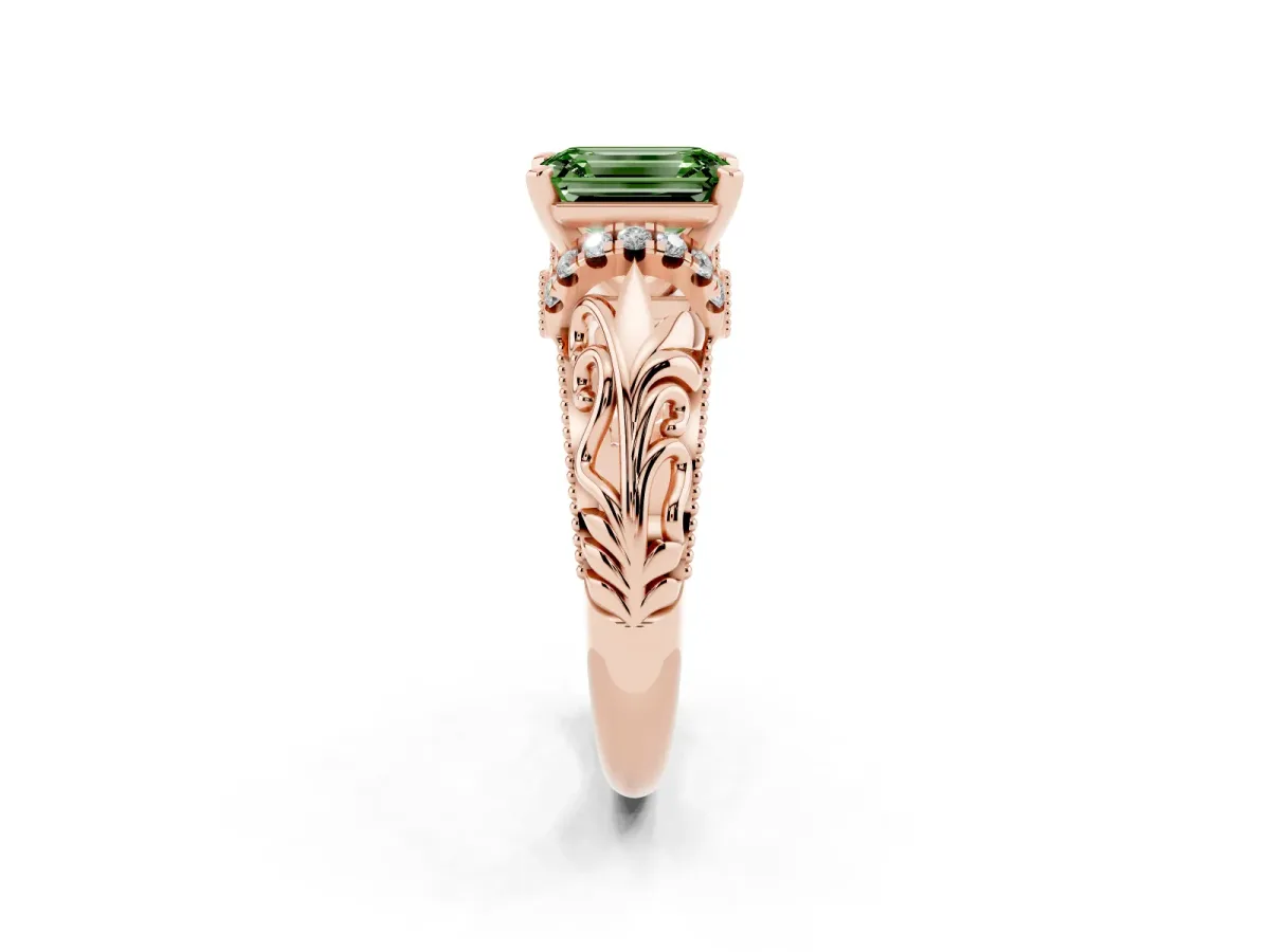 Fancy Green Emerald Cut Solitaire Filigree Engagement Ring with Halo and Prong Setting Rose gold