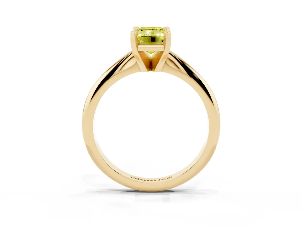 Fancy Yellow Emerald Cut Cut Solitaire Ring with Four-Prong Setting on a Classic Band Yellow gold