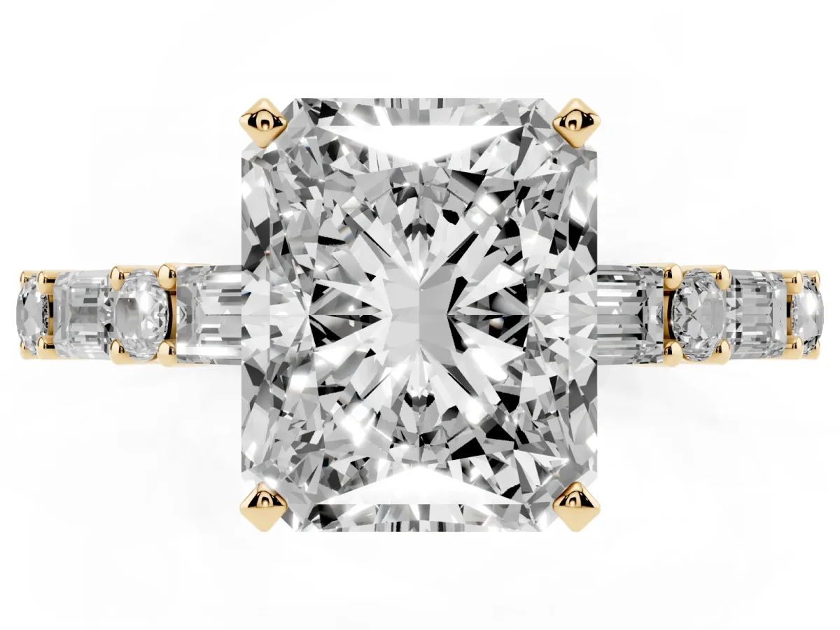 Radiant Cut Diamond Solitaire with Side Baguettes and Channel Set Band Yellow gold