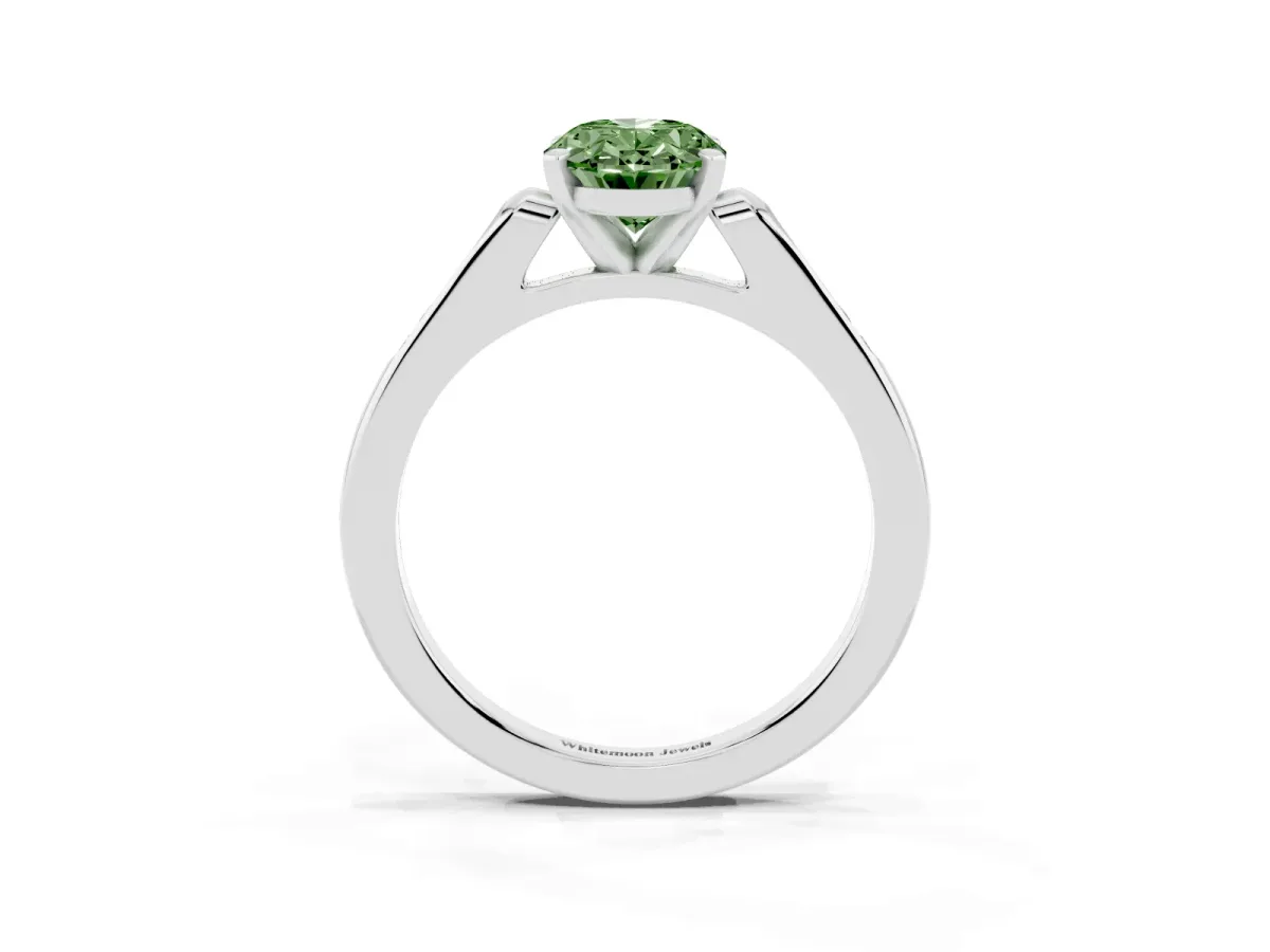 Fancy Green Oval Cut Diamond Solitaire Ring with Channel Set Round Band and Prong Setting Silver