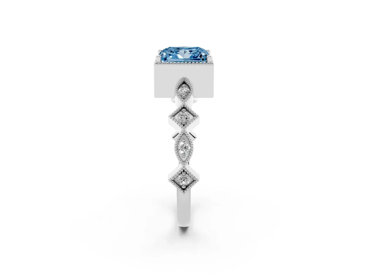 Fancy Blue Princess Cut Milgrain Marquise Diamond Twist Band Ring Platinum