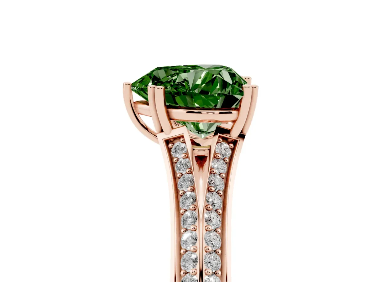 Fancy Green Heart Cut Diamond Split Shank Engagement Ring with Pavé Band Rose gold