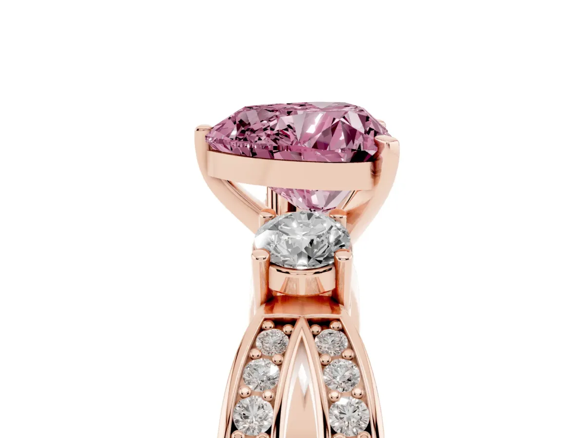 Fancy Pink Three-Stone Heart Cut Cut Diamond Twist Band with Prong Setting Rose gold
