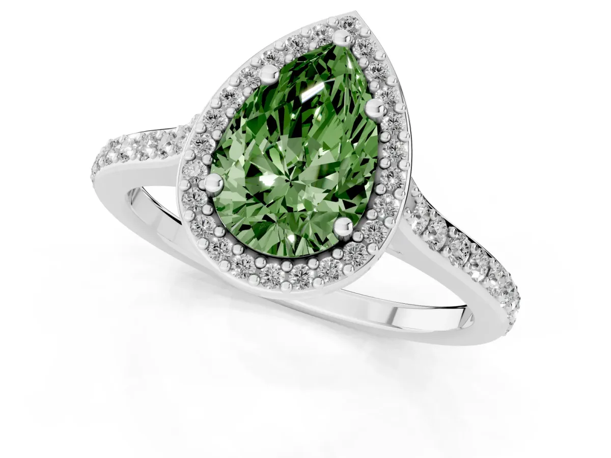 Fancy Green Pear Cut Diamond Halo Engagement Ring with Round Pavé Shoulders and Prong Setting White gold