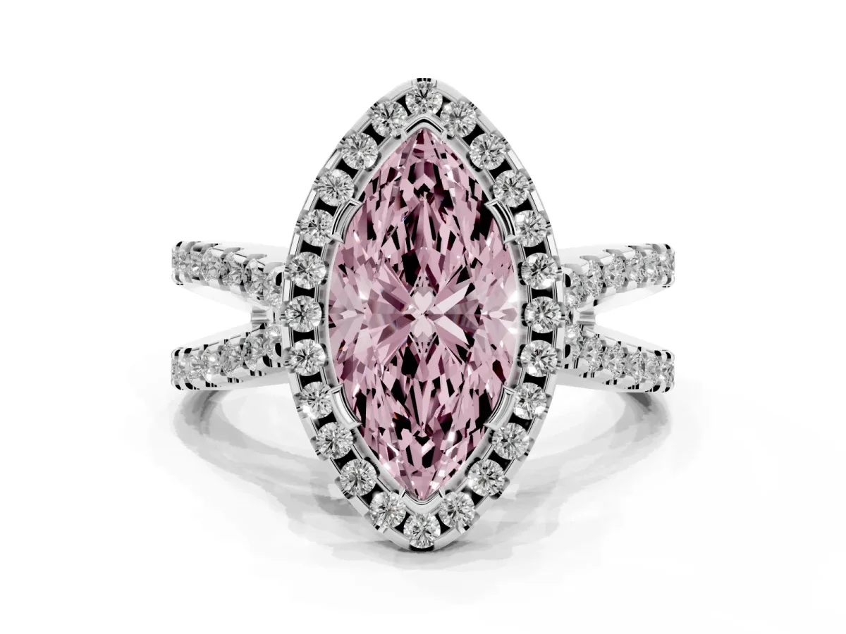 Fancy Pink Marquise Cut Diamond Halo Ring with Split Shank Pavé Band and Prong Setting Silver