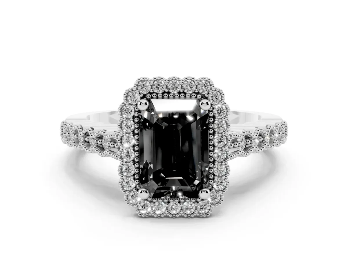 Fancy Black Radiant Cut Cut Halo Pavé Solitaire Ring with Milgrain Band White gold