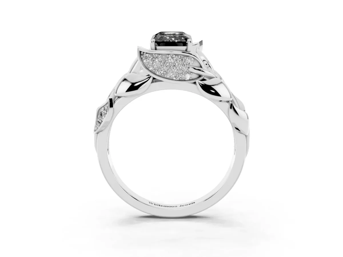 Fancy Black Emerald Cut Diamond Leaf-Inspired Engagement Ring with Round Accents and Prong Setting Silver