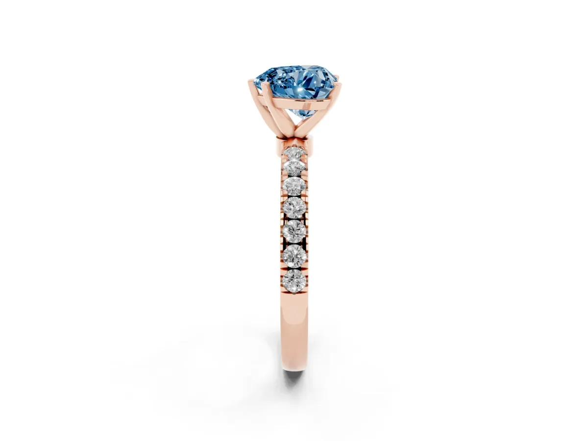 Fancy Blue Heart Cut Diamond Solitaire Ring with Pavé Accents and Four-Prong Setting Rose gold