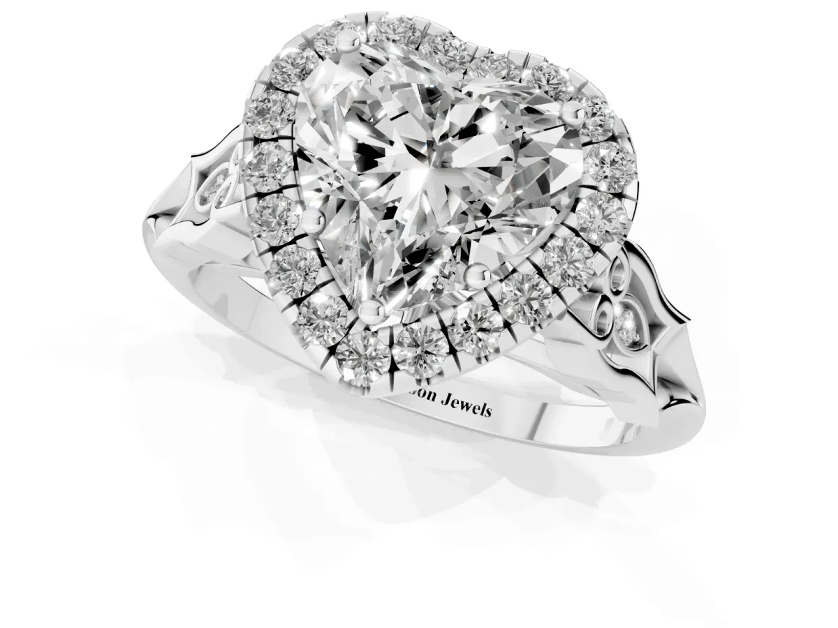 Heart Cut Halo Diamond Engagement Ring with Filigree Band and Four-Prong Setting Silver