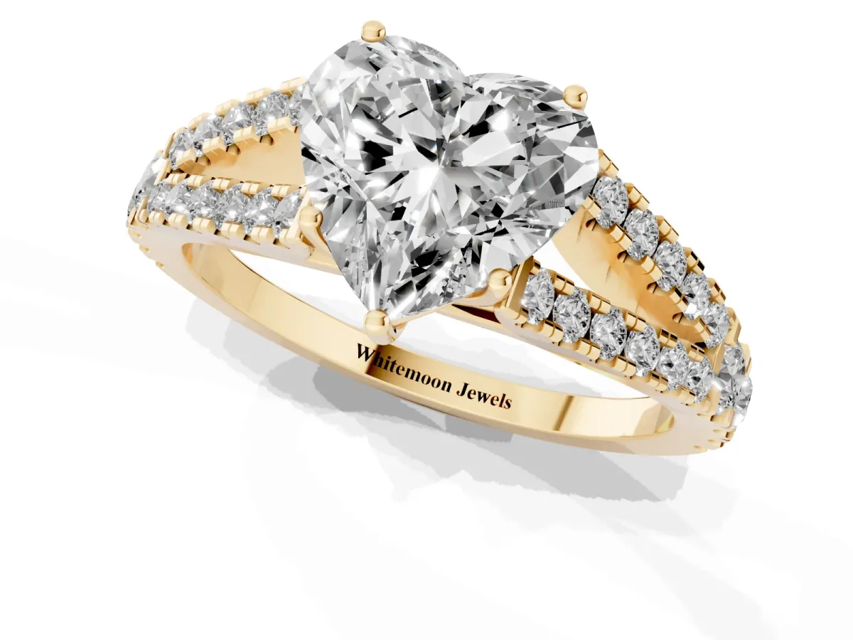 Heart Cut Diamond Split Shank Pavé Engagement Ring with Four-Prong Setting Yellow gold