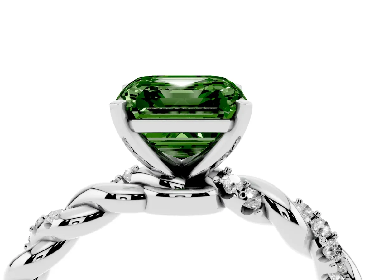 Fancy Green Asscher Cut Diamond Solitaire Ring with Twisted Band and Pavé Accents Silver