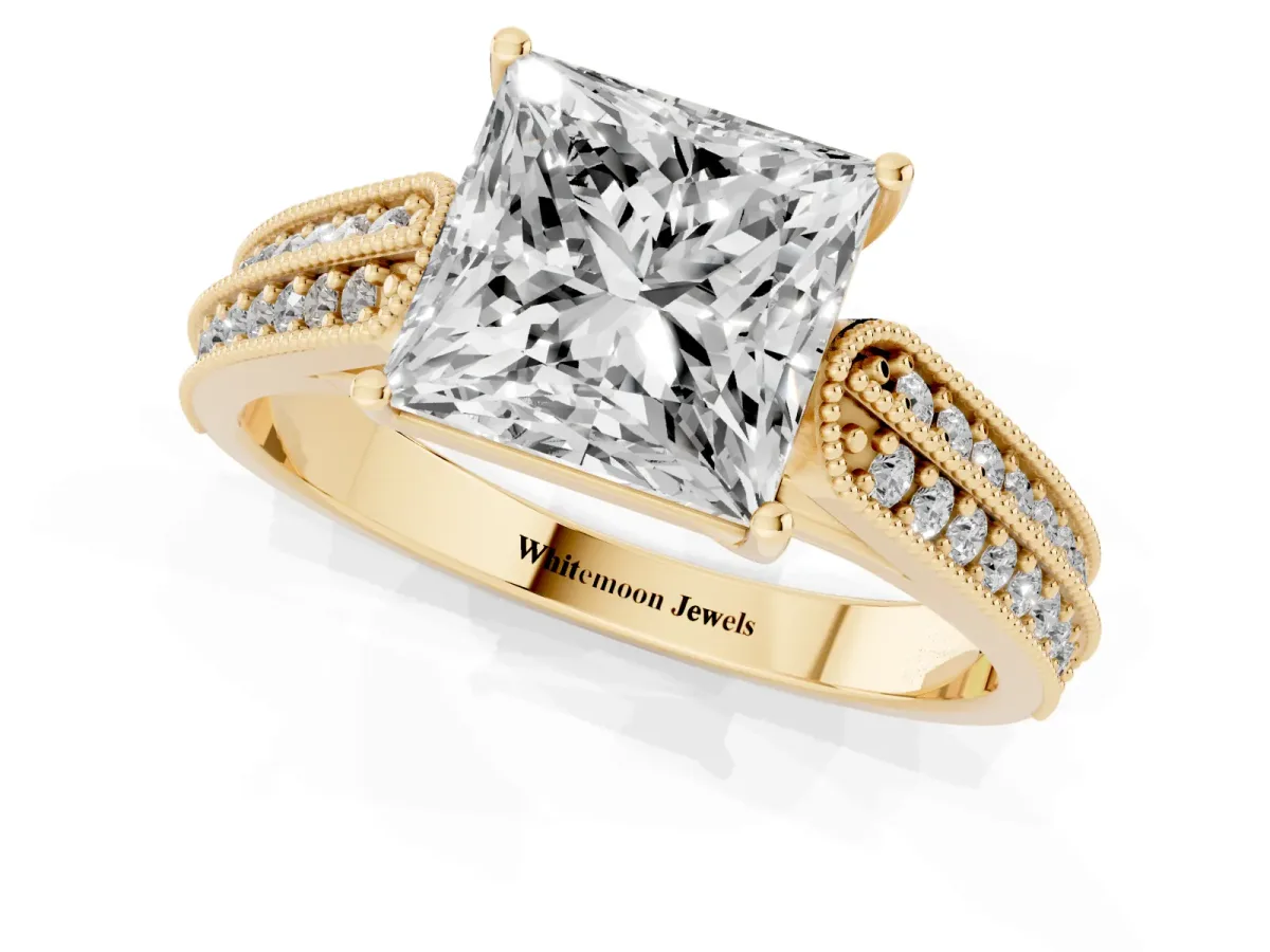 Princess Cut Cut Pave Split Shank Engagement Ring with Four-Prong Setting Yellow gold