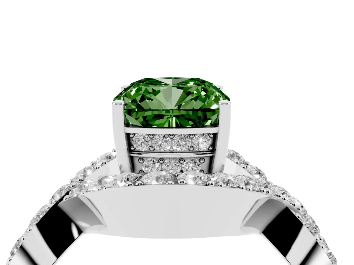 Fancy Green Cushion Cut Solitaire Twist Band Pavé Diamond Engagement Ring Silver