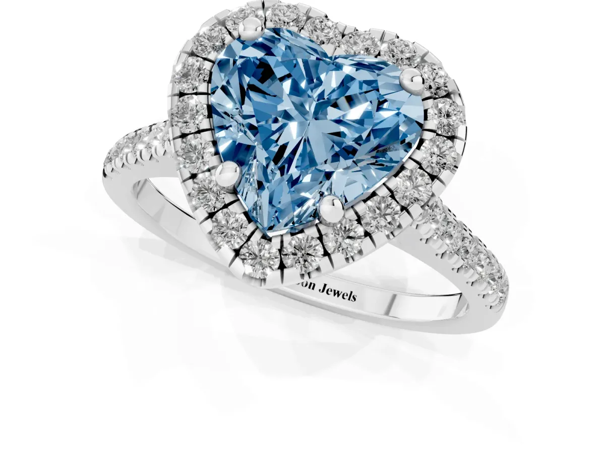 Fancy Blue Heart Cut Diamond Cushion Halo Ring with Pavé Band Silver