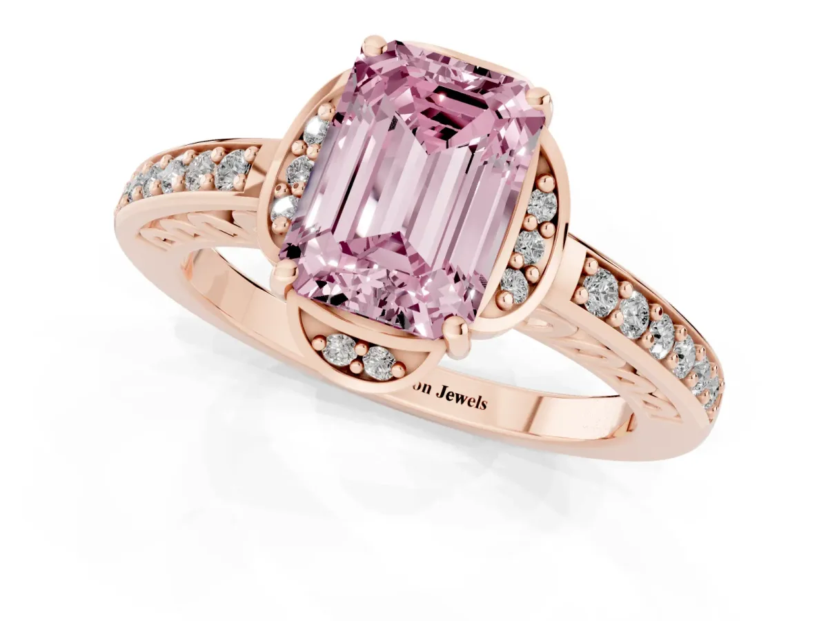 Fancy Pink Emerald Cut Cut Halo Diamond Ring with Channel Set Band and Four-Prong Setting Rose gold