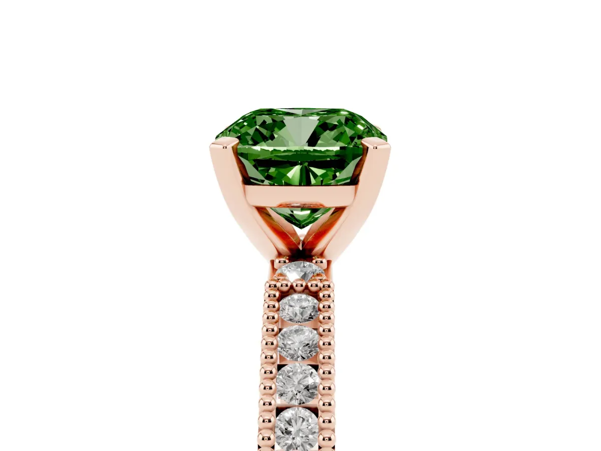 Fancy Green Cushion Cut Solitaire with Pavé Band and Four-Prong Setting Rose gold