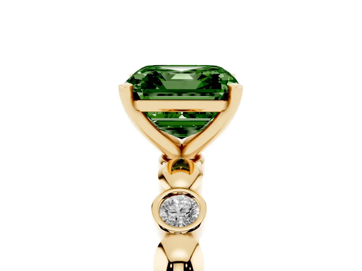 Fancy Green Asscher Cut Solitaire Bezel-Set Diamond Ring with Beaded Band and Four-Prong Setting Yellow gold