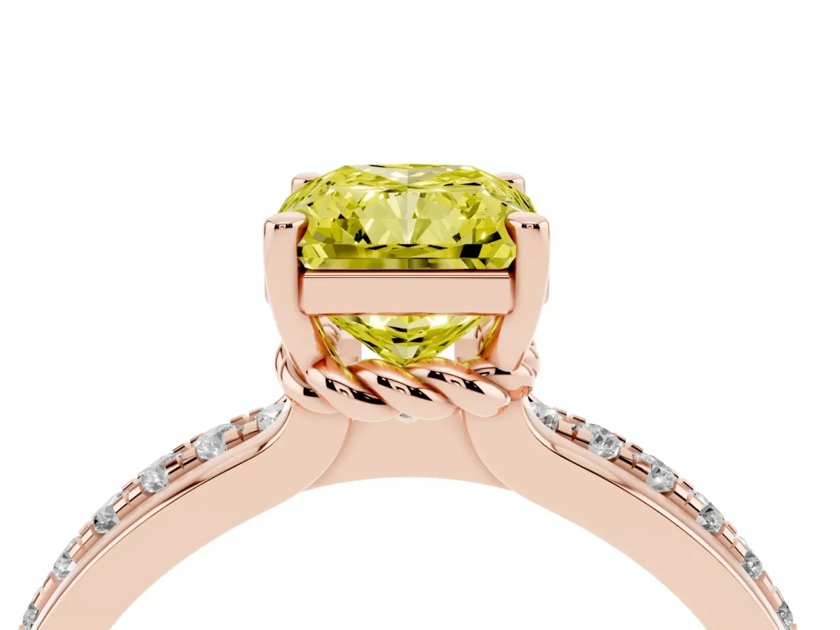 Fancy Yellow Radiant Cut Solitaire Diamond Ring with Channel Set Band and Six-Prong Setting Rose gold