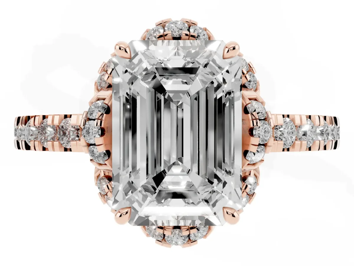 Emerald Cut Halo Diamond Pave Band Ring with Four-Prong Setting Rose gold