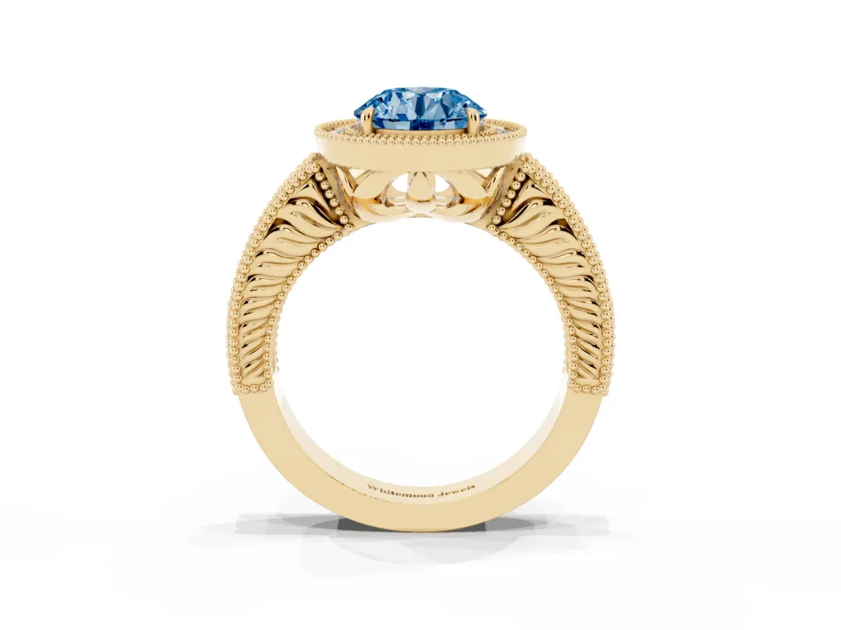 Fancy Blue Round Cut Cut Halo Diamond Ring with Pavé Band and Four-Prong Setting Yellow gold