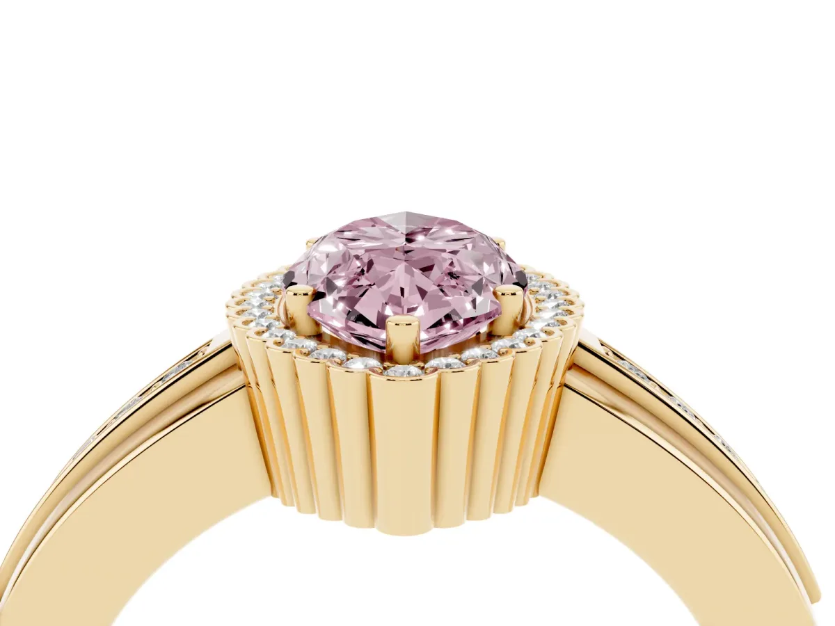 Fancy Pink Marquise Cut Cut Halo Pave Band Four-Prong Ring Yellow gold