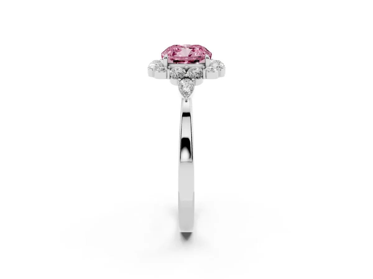 Fancy Pink Cushion Cut Diamond Halo Ring with Pear Side Stones and Prong Setting Silver