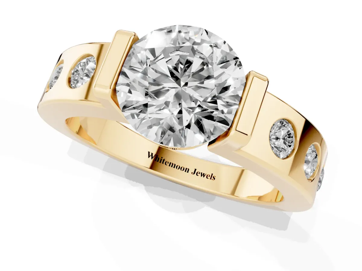 Round Cut Brilliant Channel-Set Diamond Ring with Bezel Prong Setting Yellow gold