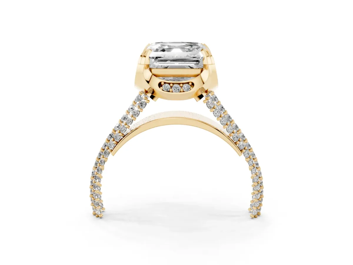 Asscher Cut Solitaire Pave Split Shank Ring with Four-Prong Setting Yellow gold