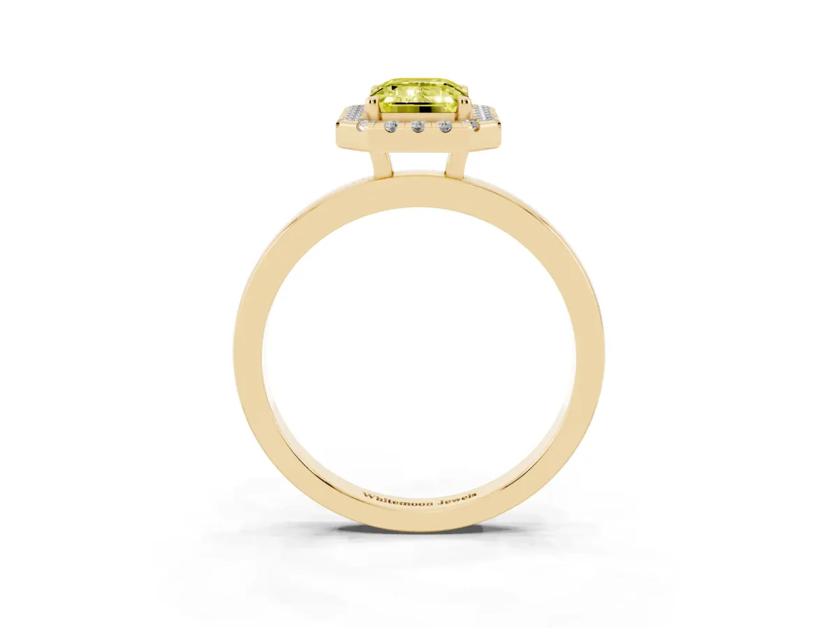 Fancy Yellow Emerald Cut Halo Diamond Solitaire with Pavé Band and Four-Prong Setting Yellow gold