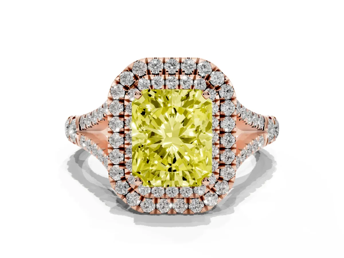Fancy Yellow Radiant Cut Diamond Double Halo Ring with Split Shank and Prong Setting Rose gold