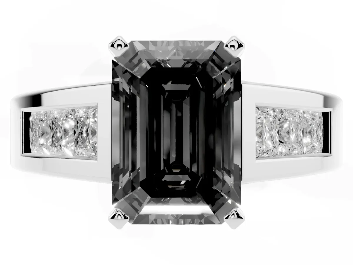 Fancy Black Emerald Cut Cut Channel Set Solitaire Ring with Four-Prong Setting White gold
