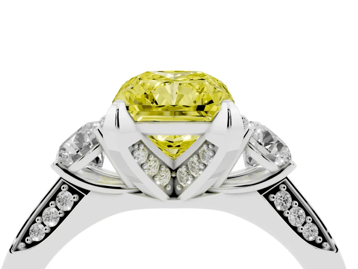 Fancy Yellow Radiant Cut Brilliant Three-Stone Diamond Ring with Pavé Band and Four-Prong Setting White gold