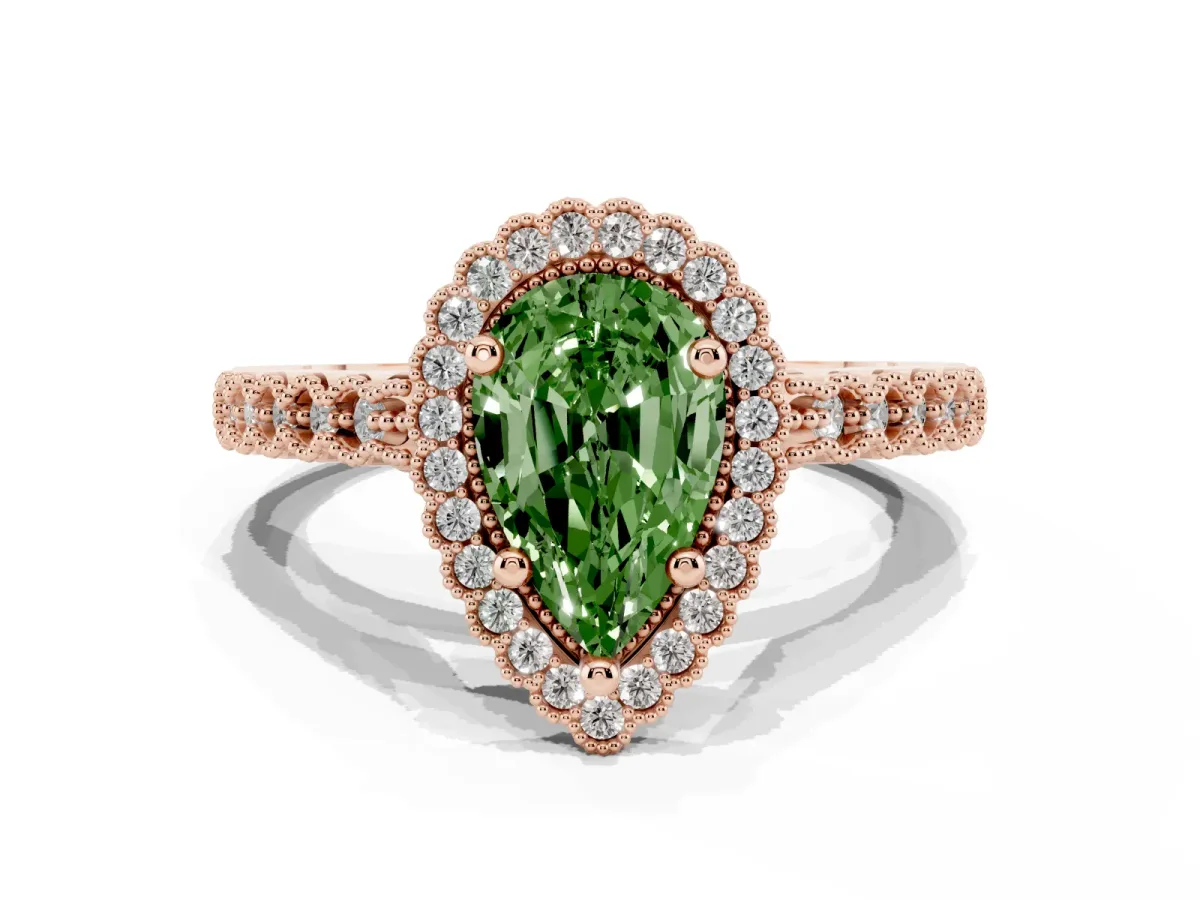 Fancy Green Pear Cut Cut Halo Pavé Solitaire Ring with Milgrain Band Rose gold