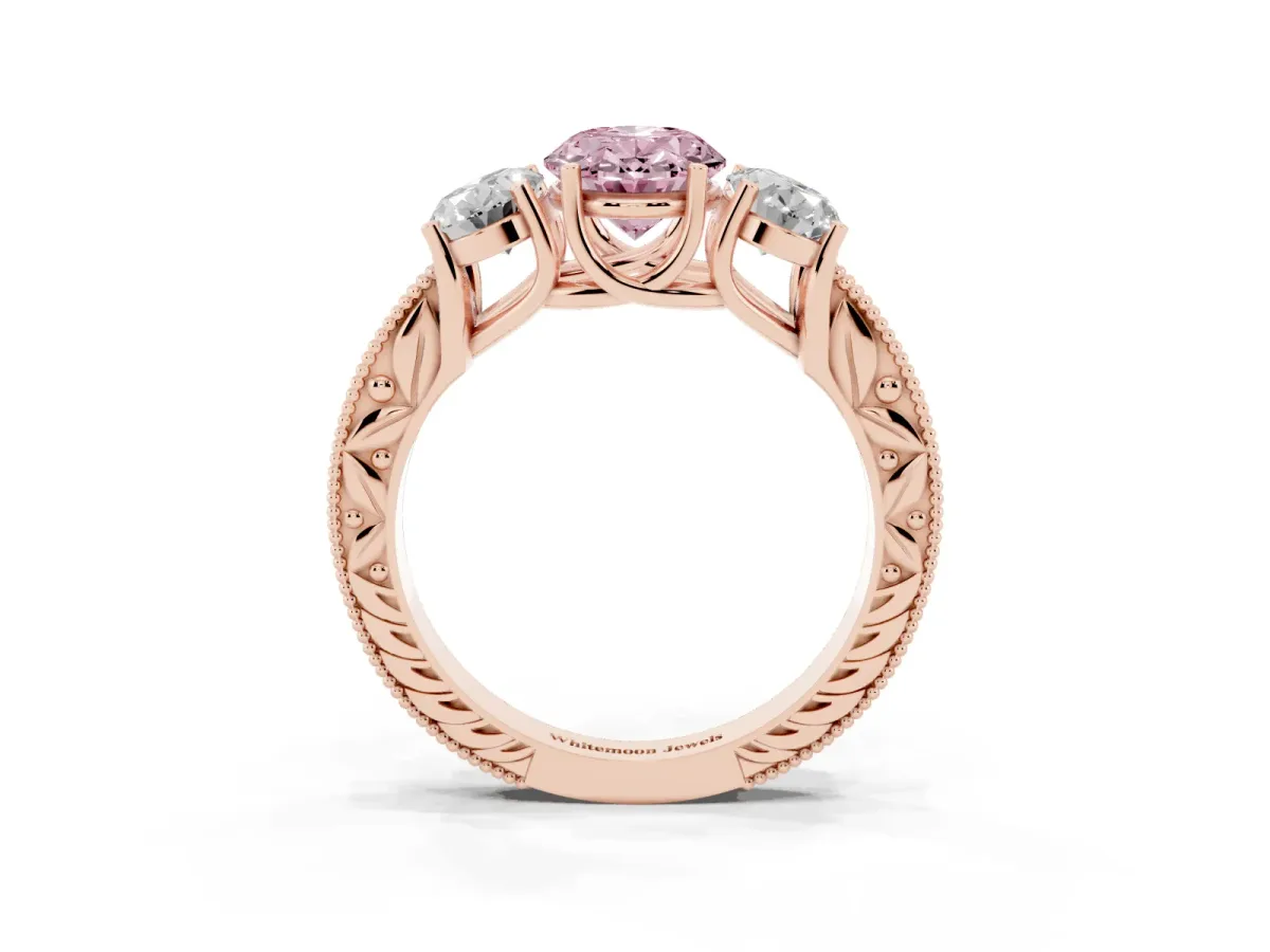 Fancy Pink Three-Stone Oval Cut Cut Milgrain Pavé Engagement Ring Rose gold