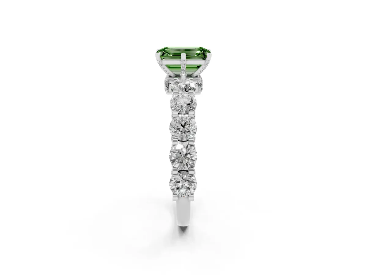 Fancy Green Emerald Cut Diamond Side Stone Engagement Ring with Four-Prong Setting Silver
