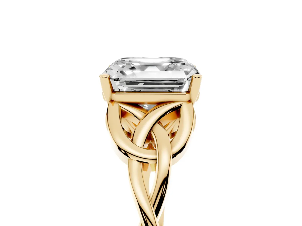 Asscher Cut Diamond Solitaire Engagement Ring with Celtic Knot Band and Four-Prong Setting Yellow gold