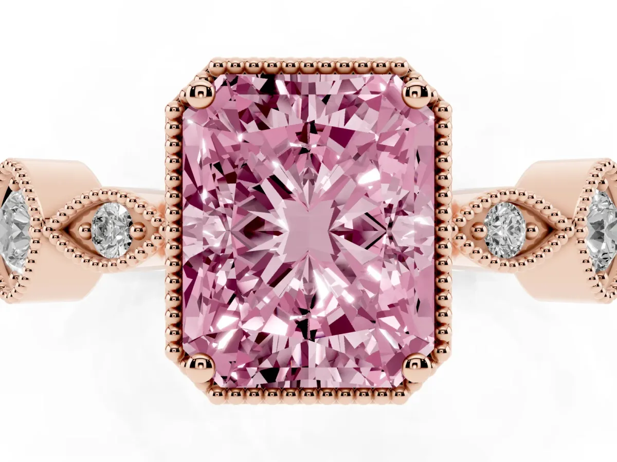Fancy Pink Radiant Cut Diamond Vintage Milgrain Ring with Round Stations Rose gold